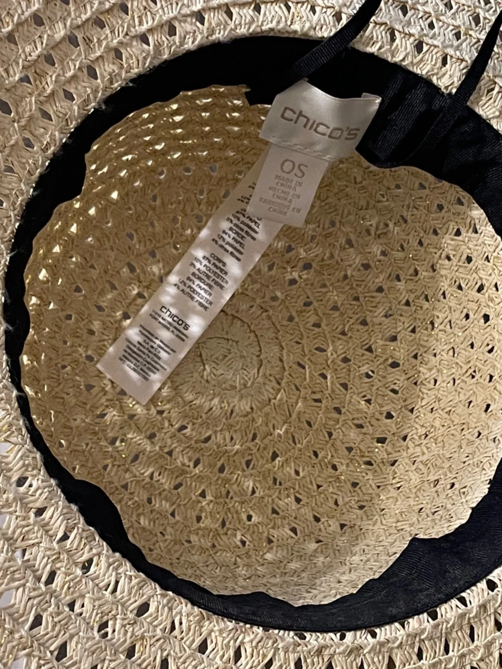 Chico's Wide-Brim Straw Sun Hat in Natural with Gold Trim